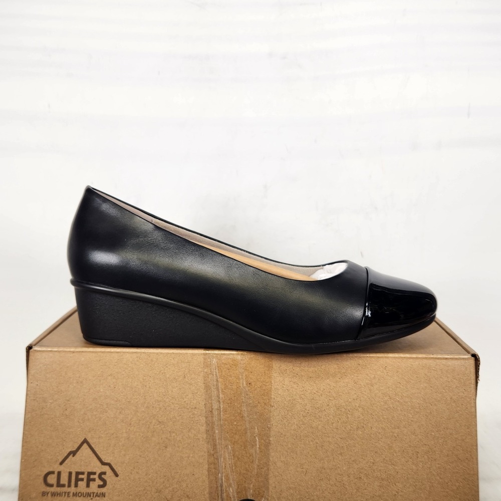 Cliffs by White Mountain Wedge Pumps Women Size 9.5 WIDE Black Patent Cap Toe